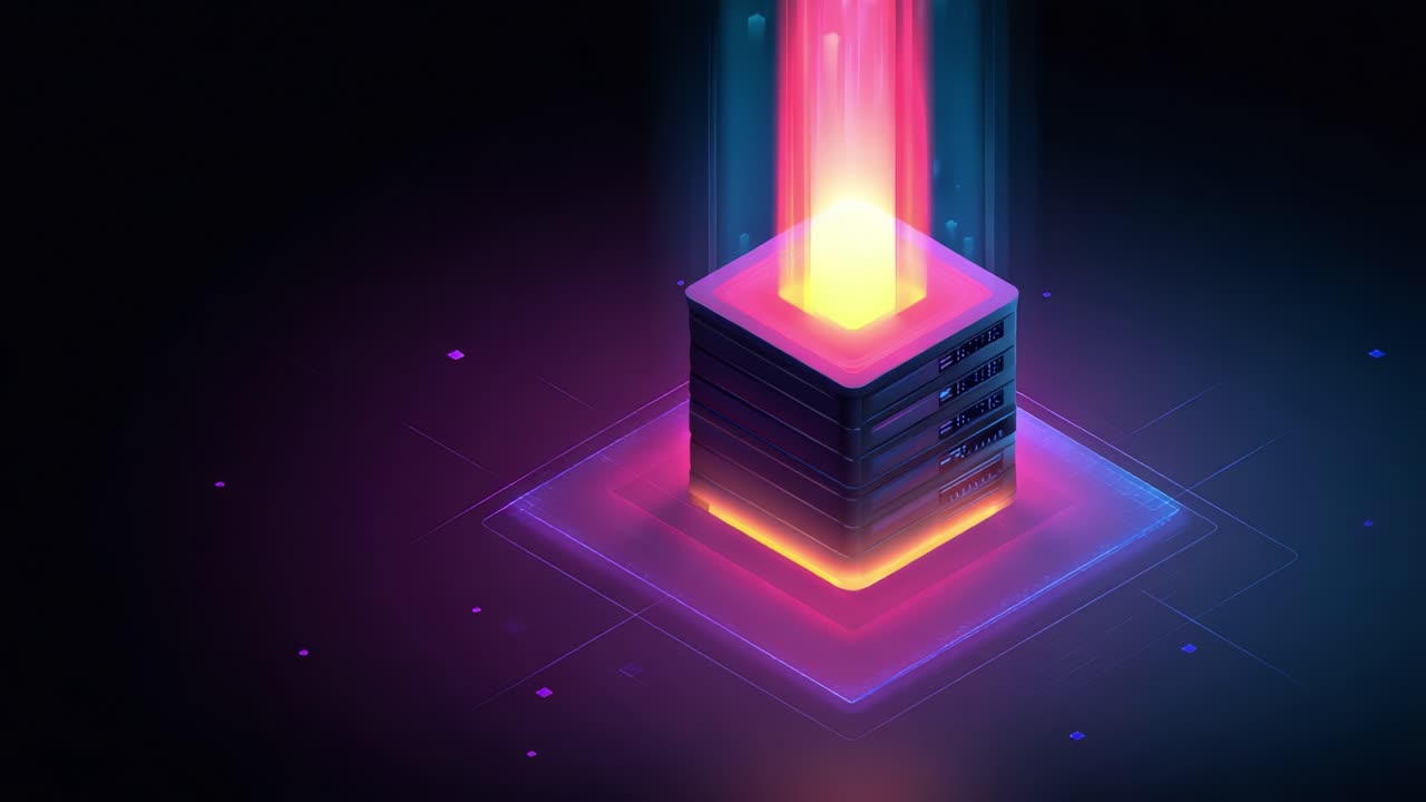 Illuminated Server in a Futuristic Setting: A Stunning Visualization of Data Processing with Vibrant Colors and Dynamic Lighting Effects in a Digital Realm