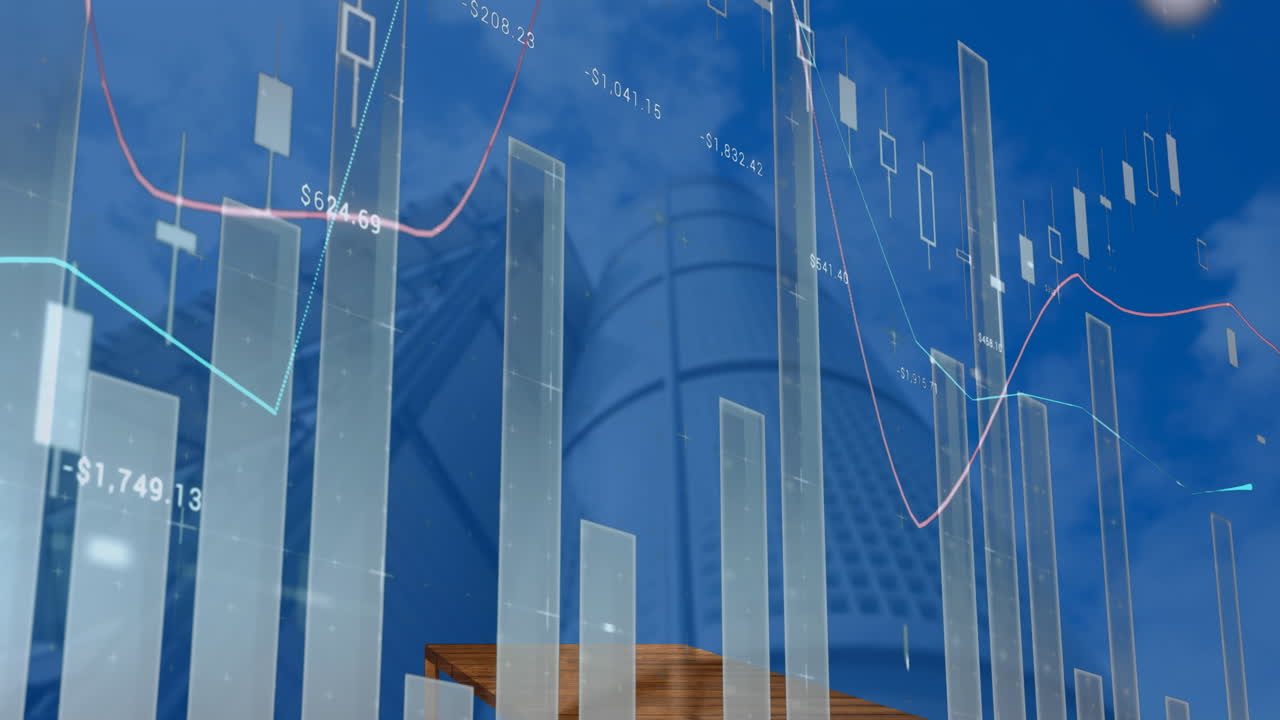 Animation de traitement de données statistiques sur une vue en contre-plongée de gratte-ciel.