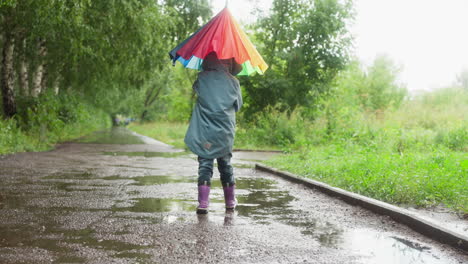 un niño con un impermeable y botas camina por un camino con un paraguas arco iris, disfrutando de la lluvia.