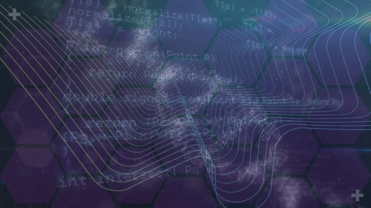 Animation of looping circles with wave pattern over hexagons and programming language