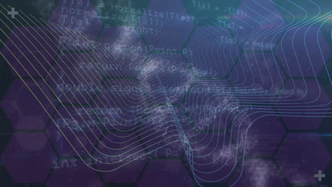 animation of looping circles with wave pattern over hexagons and programming language