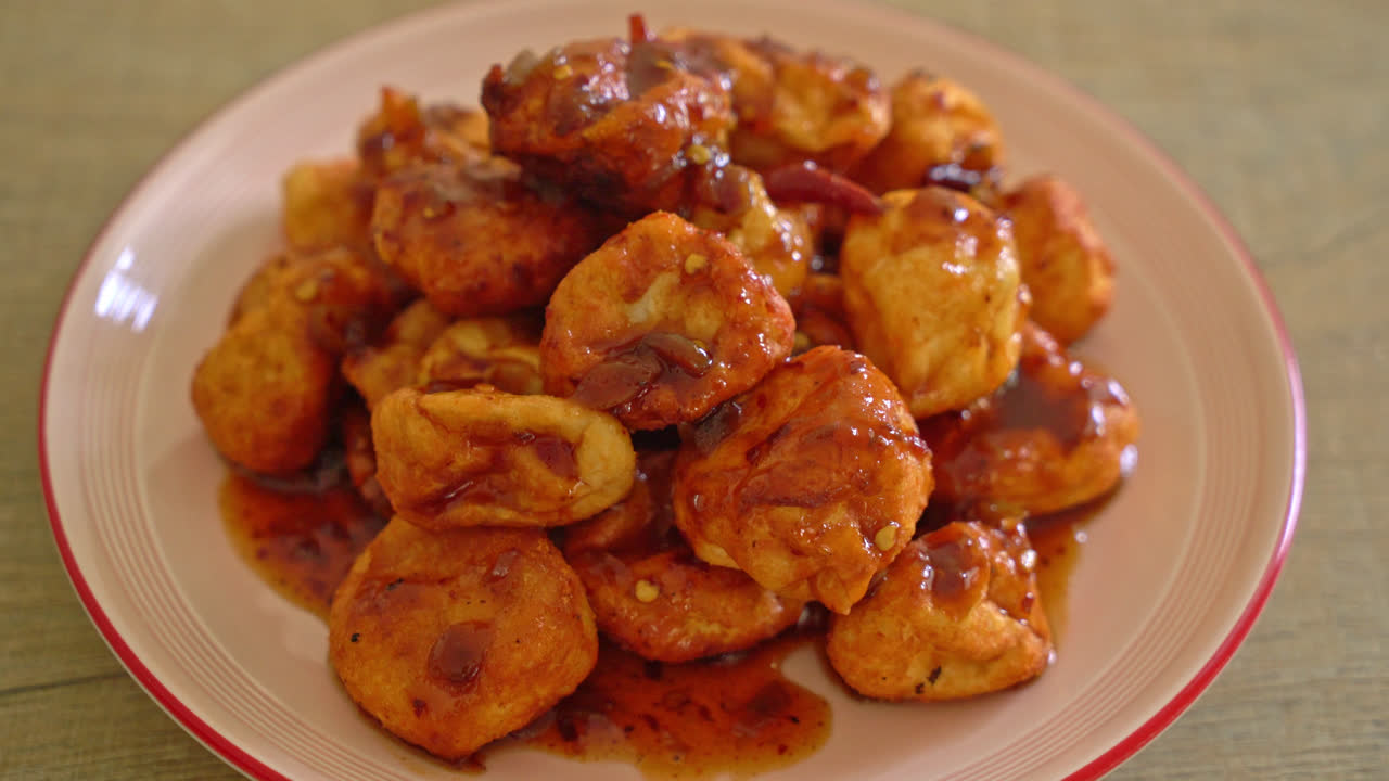 albóndigas fritas con salsa picante - estilo de comida callejera tailandesa