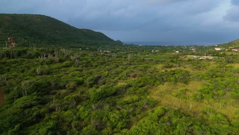 Un-Dron-Se-Eleva-Sobre-Una-Colina-De-Senderismo-En-Curazao-Para-Revelar-Casas-Que-Se-Extienden-Debajo-En-Un-Exuberante-Y-Verde-Valle-Caribeño.