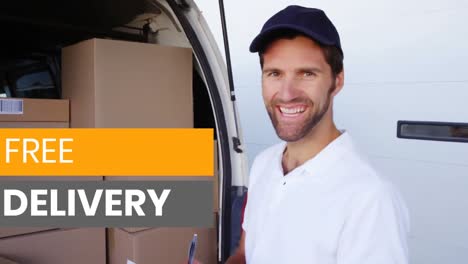 animation of the words free delivery over man with clipboard, delivering goods