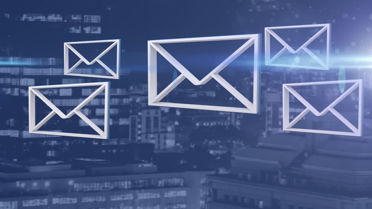 animación de iconos de mensajes y procesamiento de datos sobre el paisaje urbano