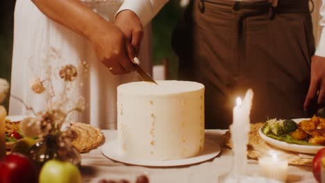 couple cutting wedding cake at outdoor reception