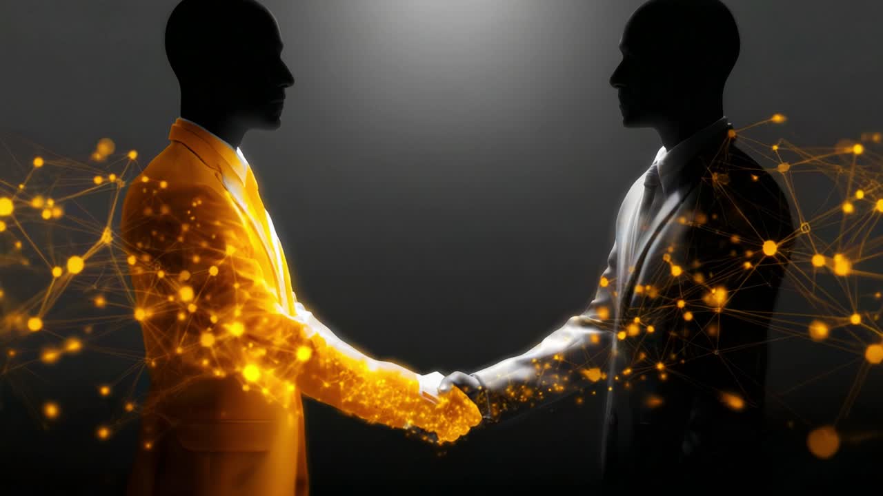 A Powerful Visual Representation of Collaboration and Unity: Two Figures Engaging in a Handshake Surrounded by a Network of Dynamic Connections and Bright Particles, Symbolizing Partnership