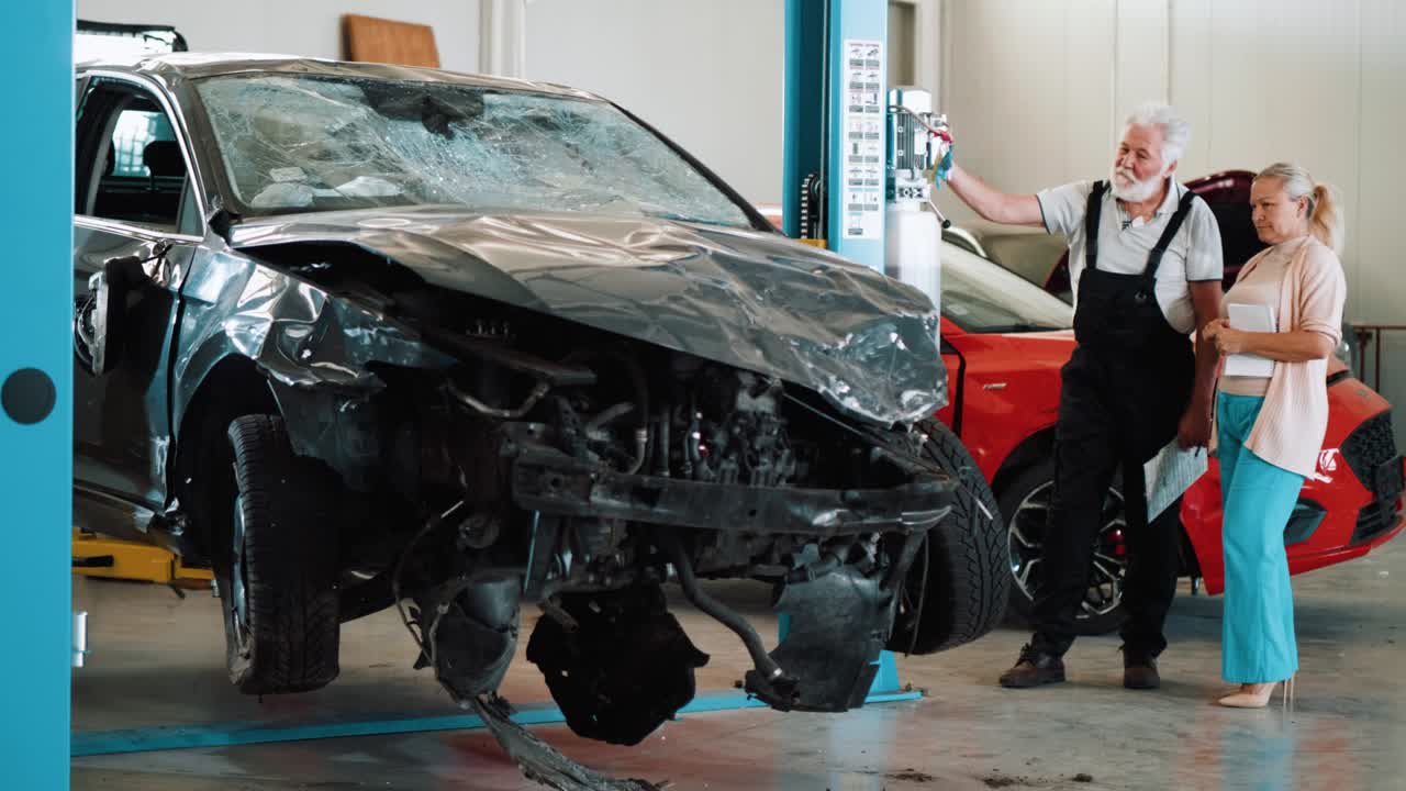 un viejo mecánico y un agente de seguros levantando un coche dañado en una grúa para evaluar el daño.