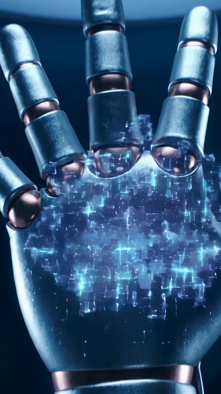 Video verticale: Accensione di una mano metallica articolata che genera un ologramma blu sul palmo per un test in laboratorio