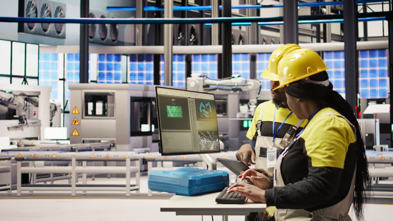 Vertical video Engineering team using PC in smart factory to oversee robotic assembly lines
