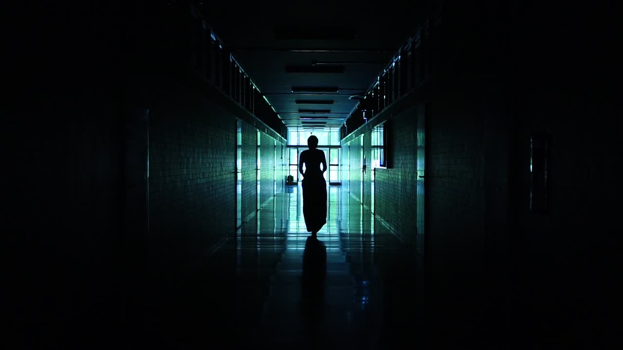 Silhouette of a Woman Walking Down a Dark Hallway