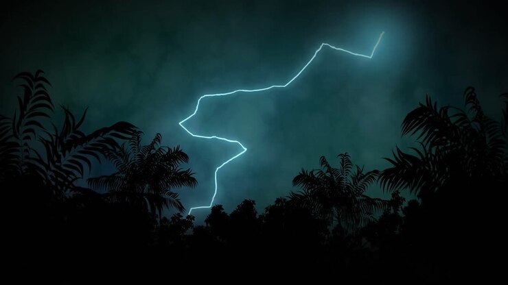 Animazione di fulmine che si abbatte su palme e cielo nuvoloso tempestoso.