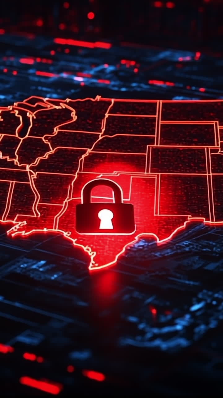 US Cyber Threats Map. A digital U.S. map shows cybersecurity threats in red, emphasizing the need for data protection.