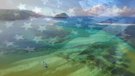 animation of flag of united states blowing over beach seascape