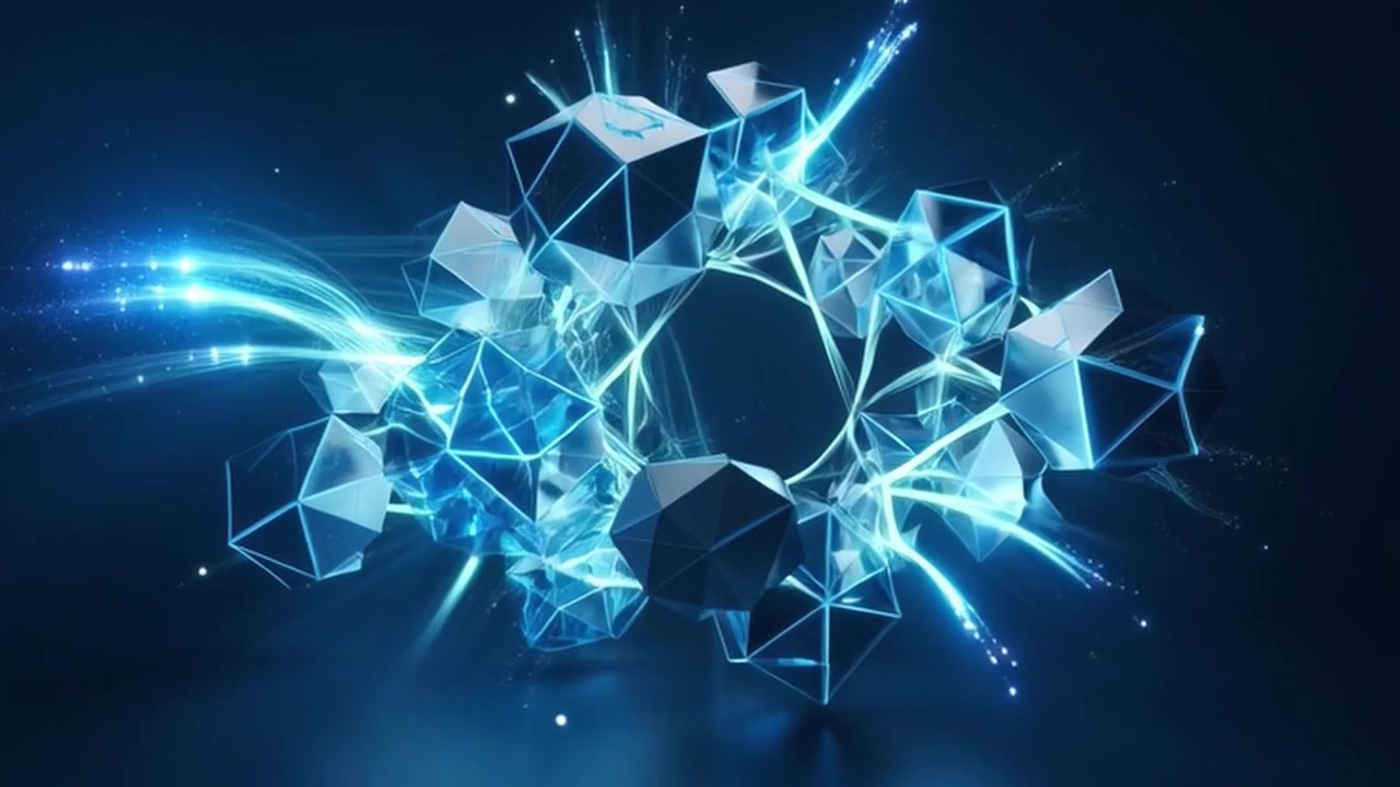 Abstraktní geometrické tvary spojené zářícími modrými světelnými stopami
