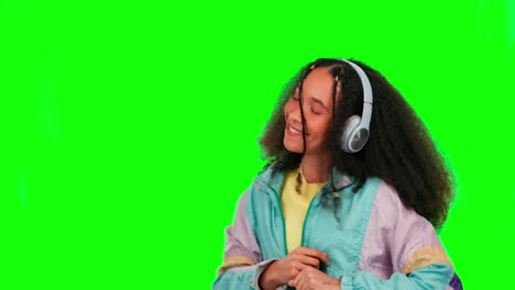 Dancing,-green-screen-and-woman-with-headphones