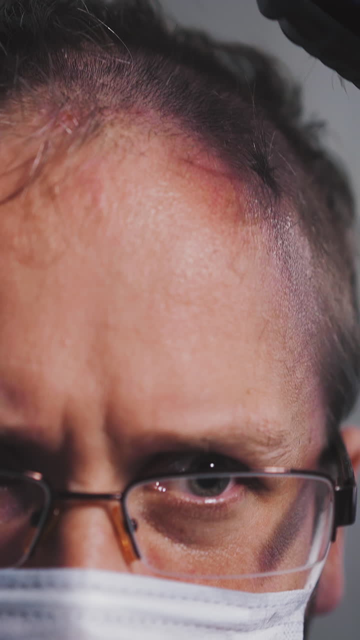 closeup of young shaggy unshaven doctor, wearing glasses, protective mask, dressed in intensive care suit, in front of mirror, cuts his hair head by himself with hair clipper, frowns