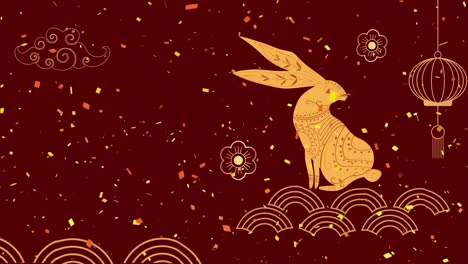 animation of chinese traditional decorations with rabbit and confetti on red background