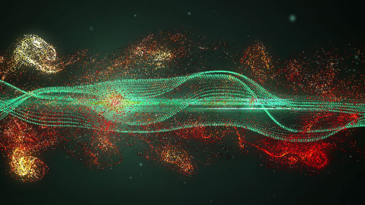 цифровые частицы, образующие волновые узоры, абстрактная анимация визуализации данных