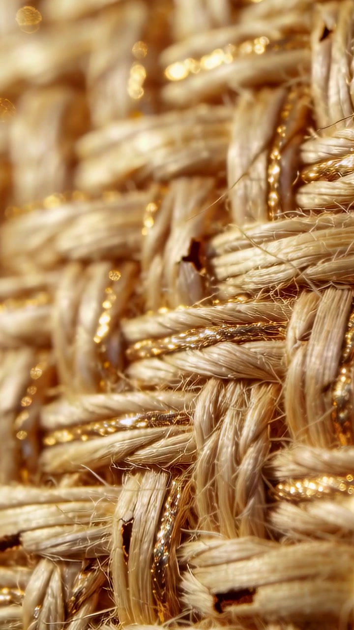 Video verticale: Regolazione della messa a fuoco, la telecamera rivela una trama di iuta in studio per mostrare fili d'oro e fibre.