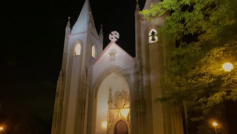 vista nocturna de la hermosa catedral antigua y la plaza rodeada de algunos árboles