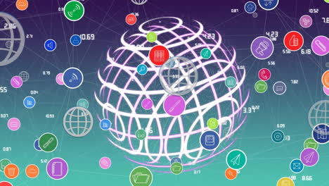 animation of network of connections with media icons over globe of circles