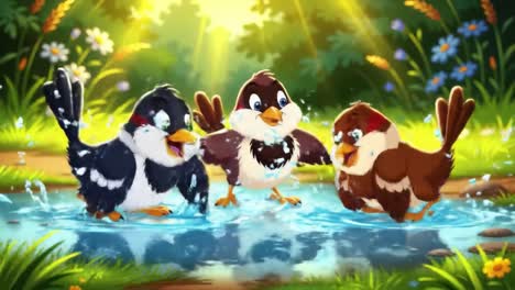 three colorful sparrows joyfully singing by a sparkling stream in a sunny nature scene, surrounded by flowers and lush greenery