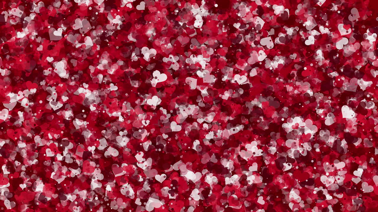 Flying glitter heart confetti, valentines day red background, romantic love simple loop animation.