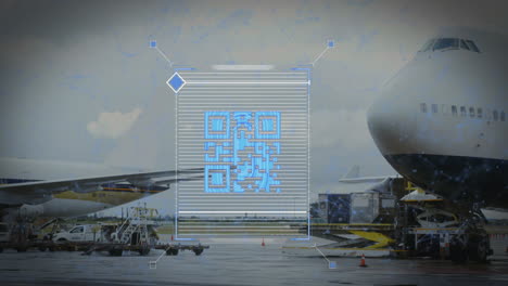 animation of a blue qr code over an airplane taking off