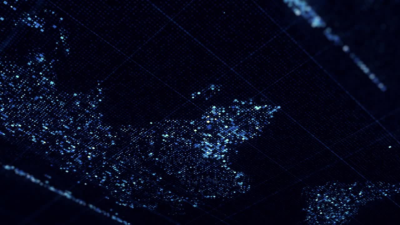 Global technology world map formed by blinking small particles on black background, seamless loop. Animation. Motion graphics with shiny particles in the shape of continents