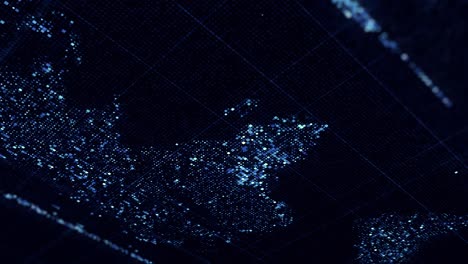 global technology world map formed by blinking small particles on black background, seamless loop. animation. motion graphics with shiny particles in the shape of continents