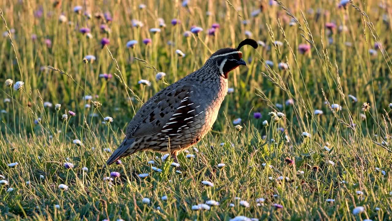 A low-angle video captures a quail in a sunlit meadow, surrounded by wildflowers