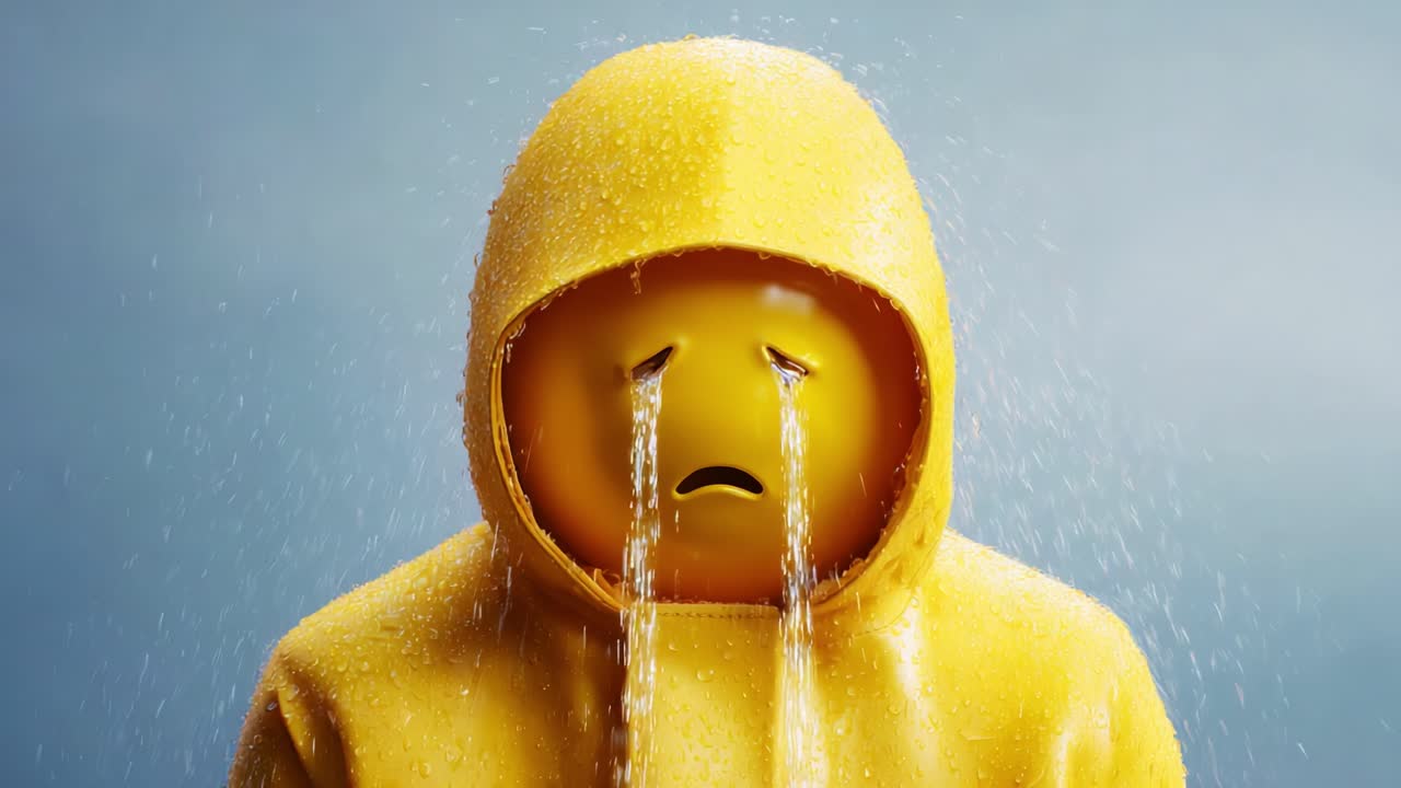 A reflective exploration of emotional depth showcases a yellow hooded figure embodying sadness, expressed through tears flowing in an artistic representation of vulnerability and distress