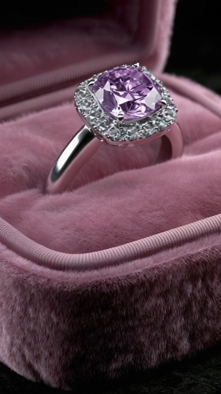 Anello scintillante squisito presentato in una scatola di velluto lussuosa: uno scorcio di eleganza e lusso che mette in risalto una splendida gemma viola.