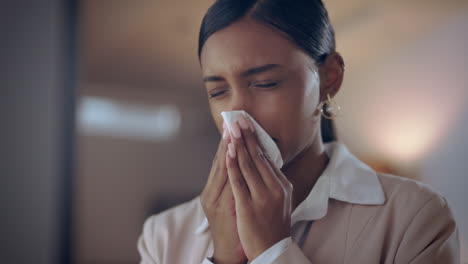 Indian-woman,-working-night-and-blowing-nose