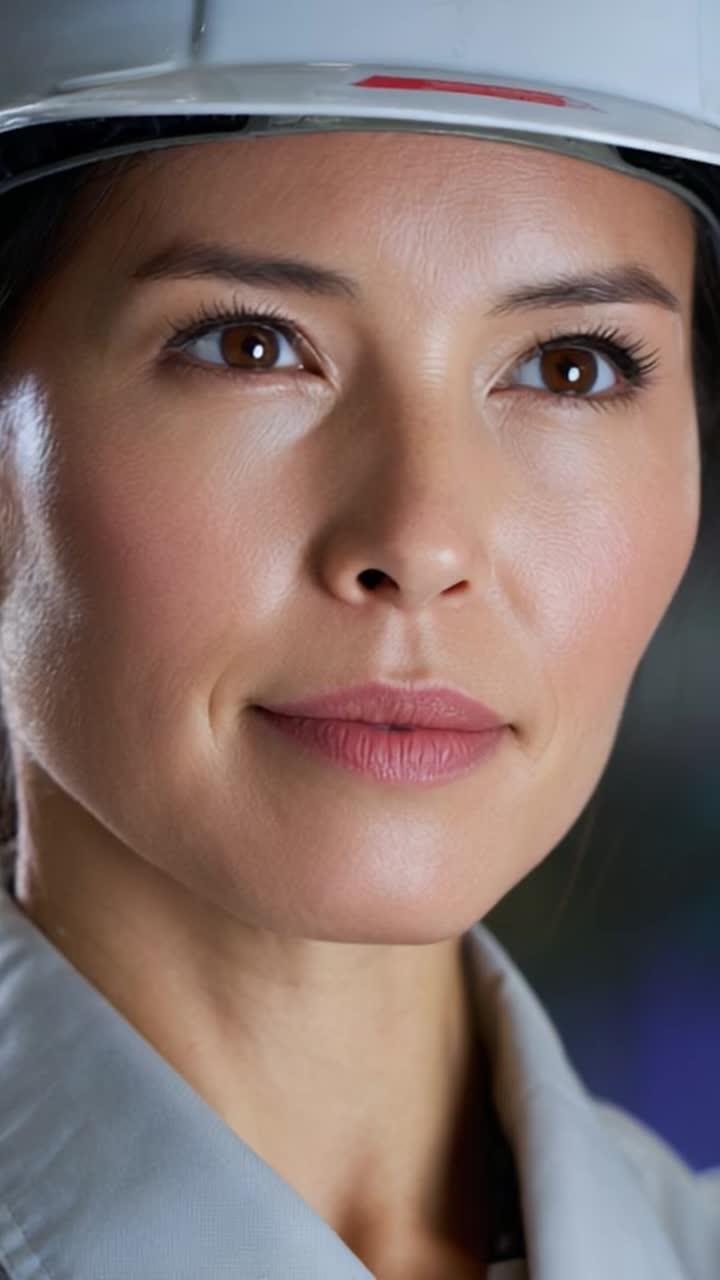 Confident Construction Professional in Hard Hat Showcases Leadership and Focus with Her Determined Expression in Two Captivating Video Frames