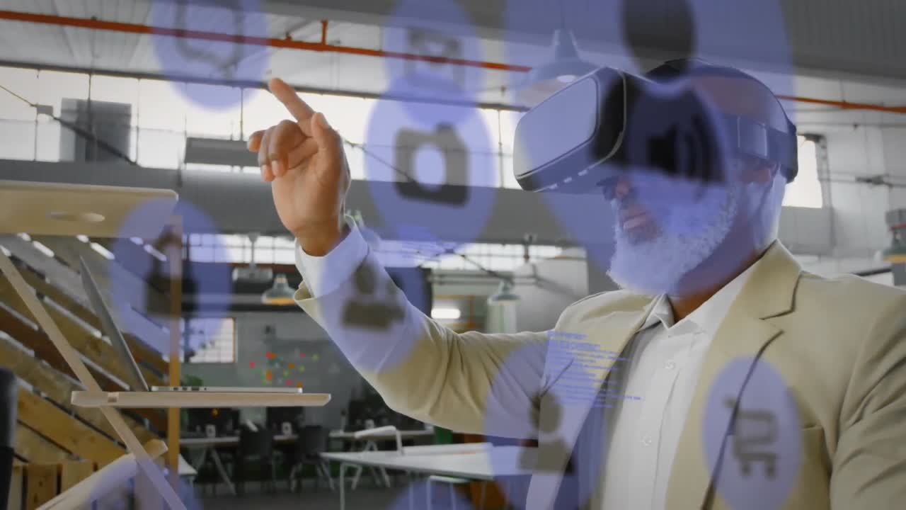 vr 헤드 ⁇ 을 착용한 아프리카계 미국인 남성에 대한 소셜 미디어 아이콘 및 데이터 처리 애니메이션