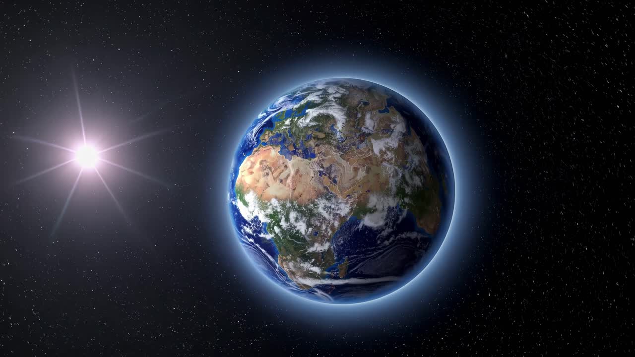 A video still of Earth from space, captured at a slight angle, showcasing continents and oceans