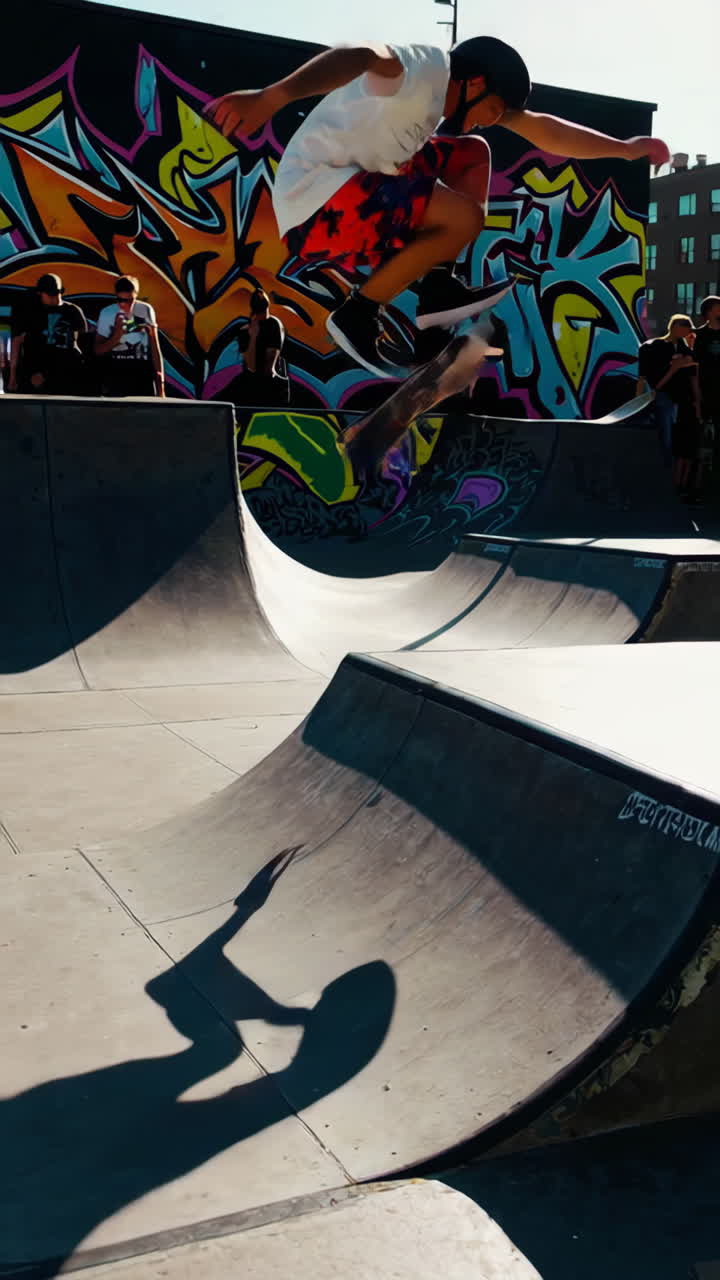 Secuencia dinámica de skateboarding en un skatepark urbano