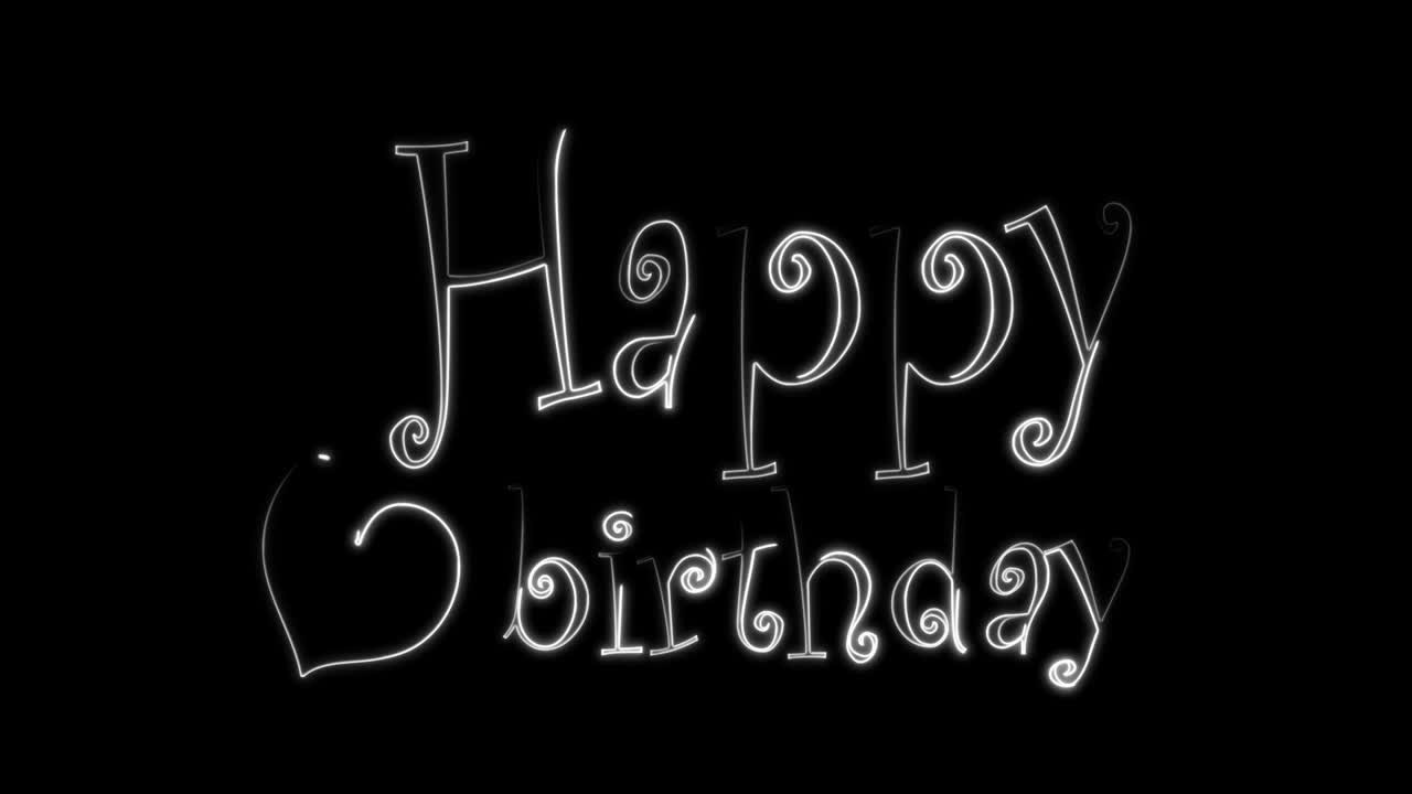 abstracto sin costuras feliz cumpleaños 4k animación de video de brillo de neón abstracción azul-blanco feliz aniversario en un fondo negro.