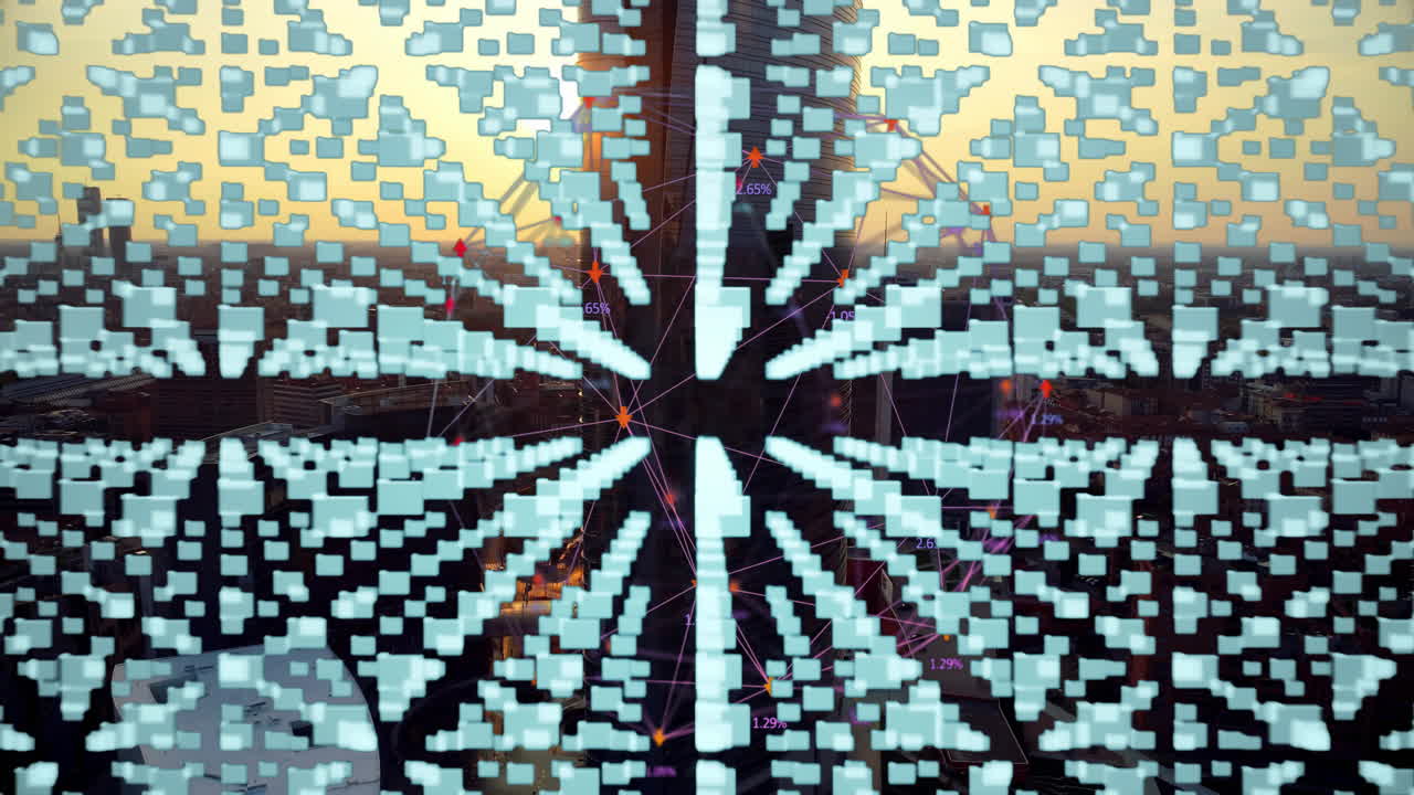 Digital data processing animation over cityscape at sunset