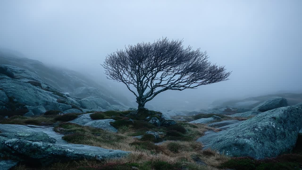 Et ensomt træ står robust på et stenet landskab, indhyllet i tåge, der udtrykker naturens skønhed og ensomhed i en fredfyldt, men hjemsøgende atmosfære