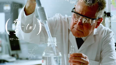animación del procesamiento de datos científicos sobre un científico caucásico en el laboratorio.