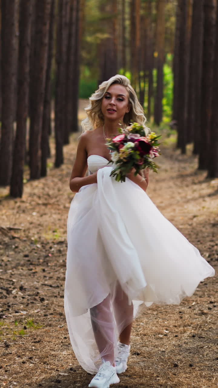 Cheerful young woman bride with hairstyle in frank wedding dress with bouquet runs holding hem and turns back in summer pine forest slow motion