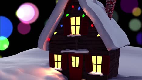 digital animation of house on snow against colorful spots of light on black background