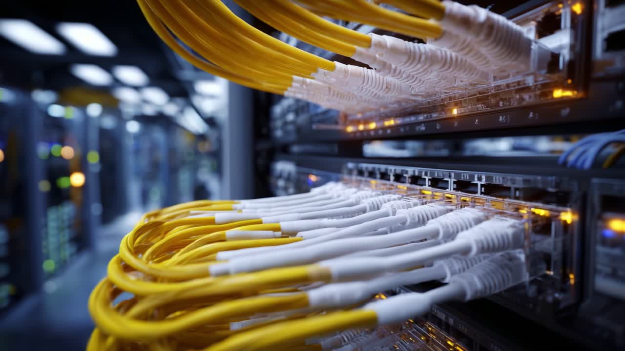 Advanced Data Center Server Rack with Yellow and White Ethernet Cables, Showcasing High-Speed Connectivity and Cutting-Edge Network Infrastructure