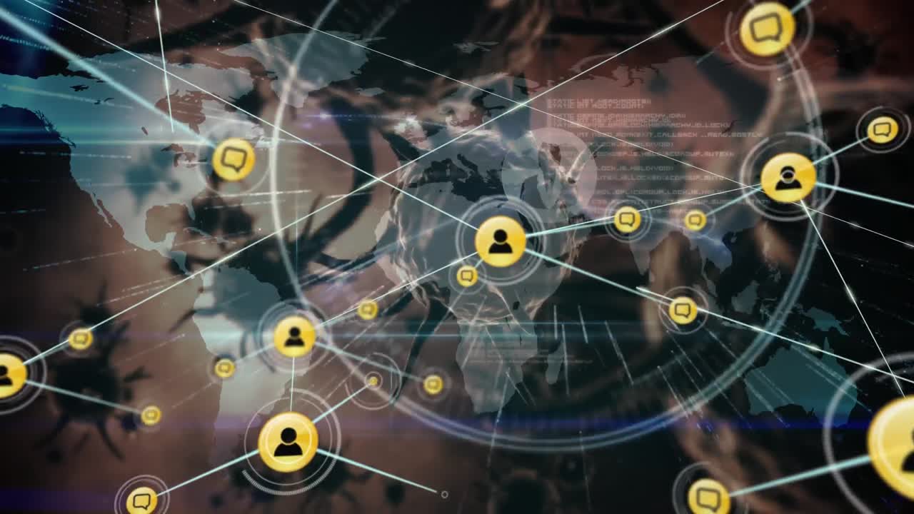 animación de células de macro coronavirus covid-19 que se propagan a través de la red de conexión con el mapa del mundo