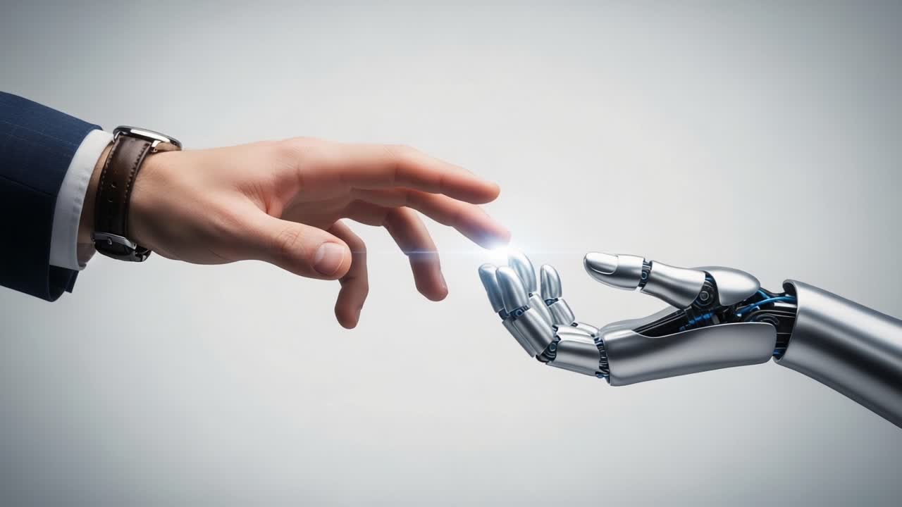 A Human Hand Reaches Out to Connect with a Robotic Hand in a Symbolic Moment of Interaction Between Humanity and Technology