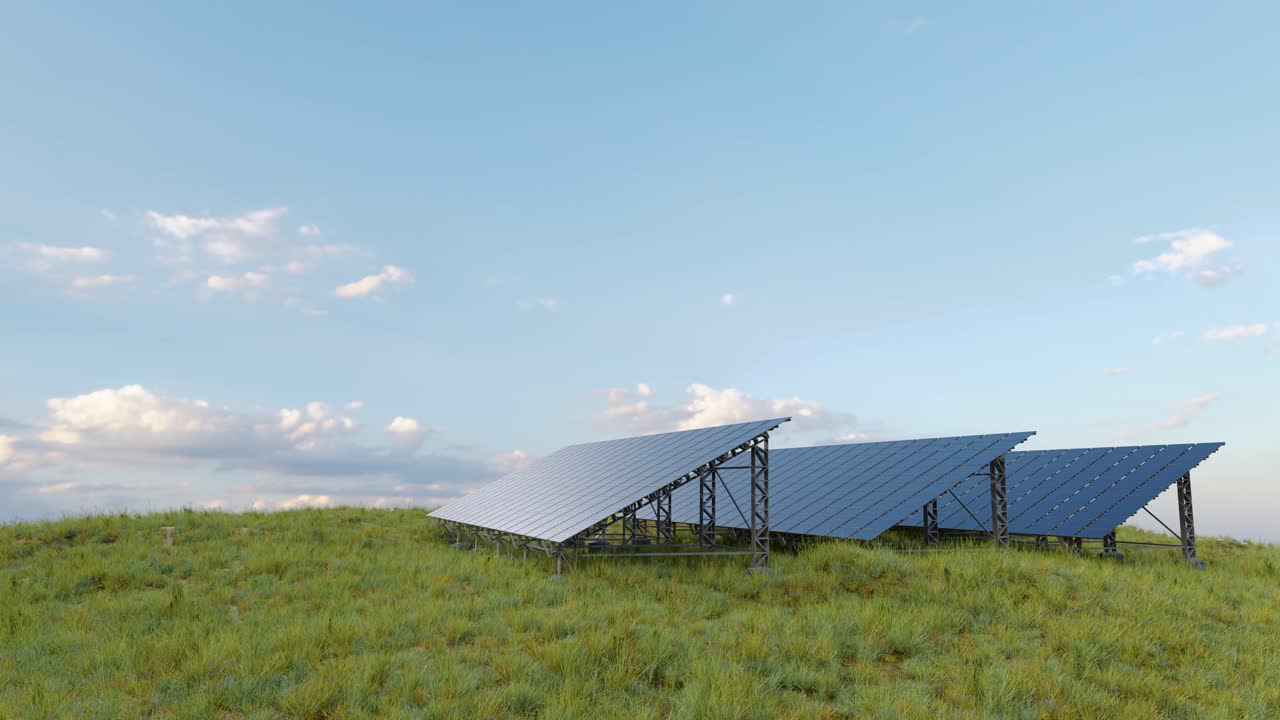 Solpaneler på en græsmark. 3D animationsloop render.