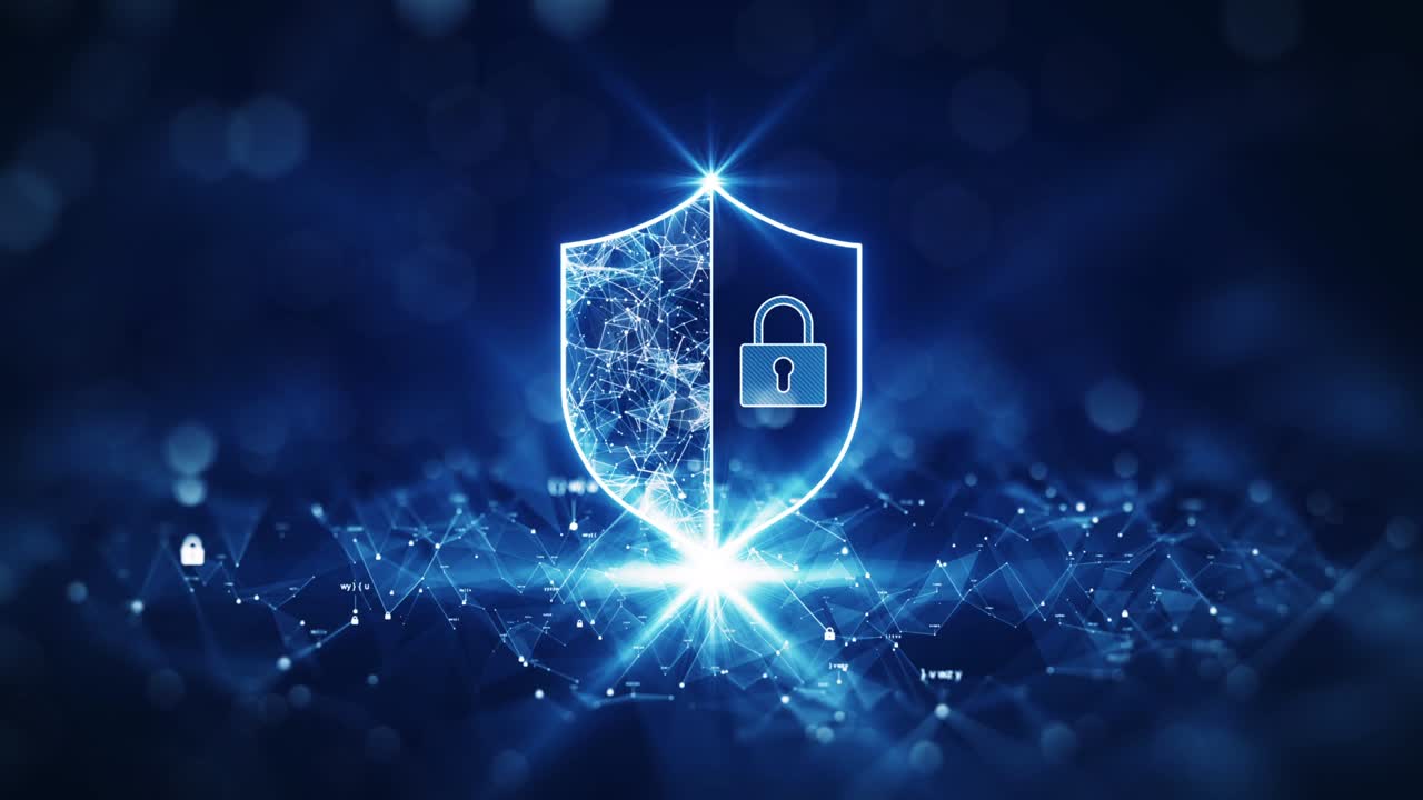 The prominent shield in the middle was cut in half. The left side shows the connected polygons. On the right is a large padlock. Small key binary code polygon blur outer dark blue background.